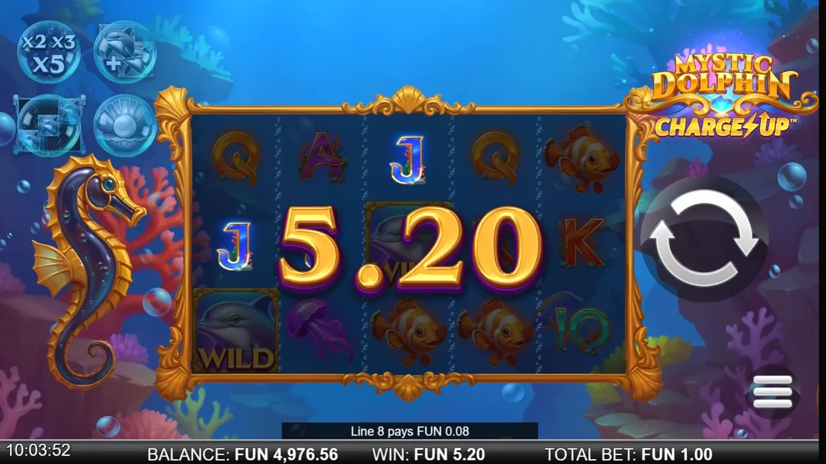 Interface do jogo Mystic Dolphin Charge Up com tema oceânico